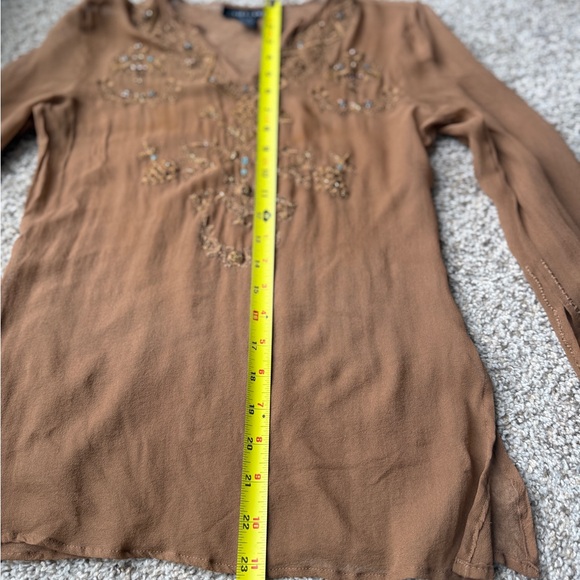 Vintage 100% Silk sheer tan fairycore boho Blouse Beaded Flutter Sleeves Top S - Picture 7 of 10